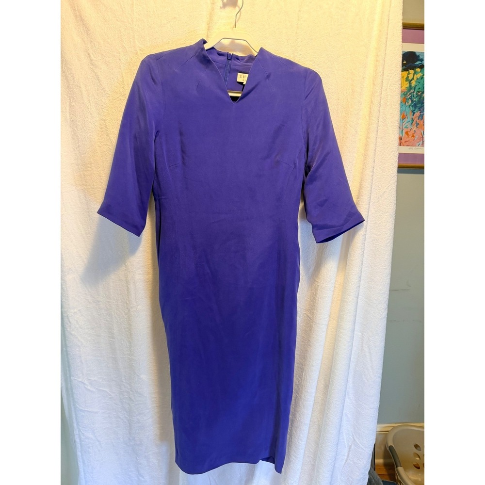 Shomi by Miller Shor Purple 100% Silk Sheath Dress Womens Size 10 Elbow Sleeve